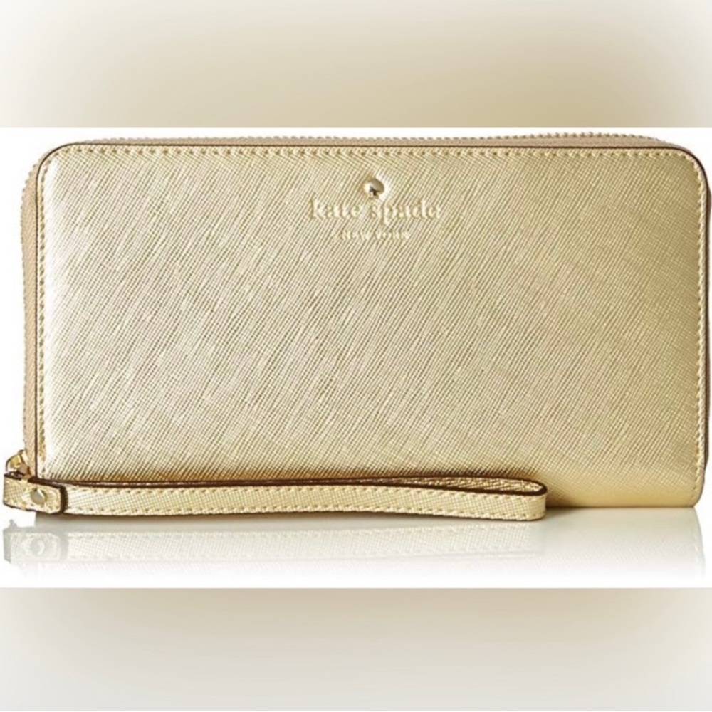 Kate Spade Talk Is Chic Gold Leather Wristlet Wallet with Zipper